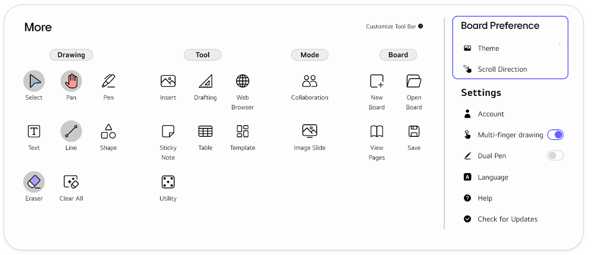 Menu structure of the Board Preference section