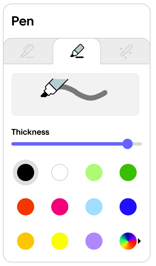 To use the highlighter, select the second tab in the Pen settings and choose its thickness and color.