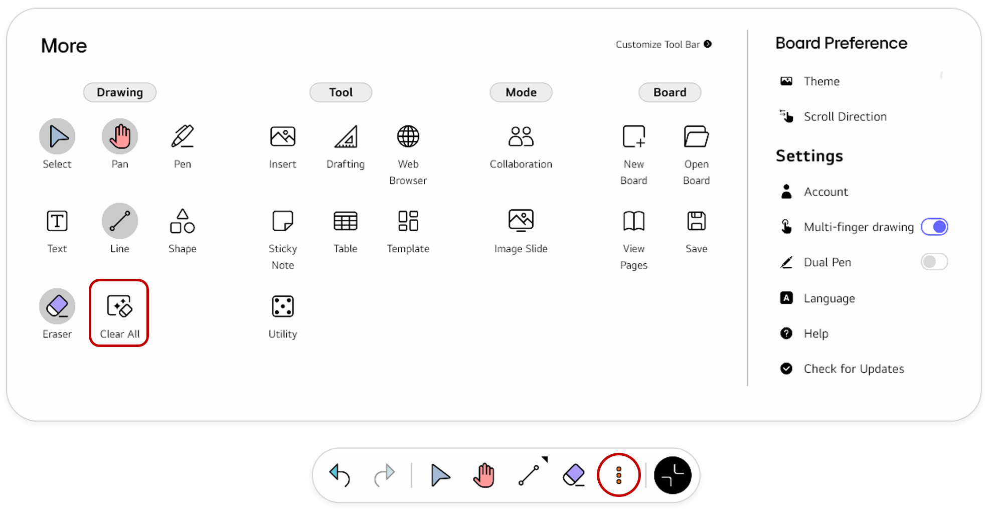 Opening the full Tool bar menu using the More button and selecting Clear All from the Drawing section