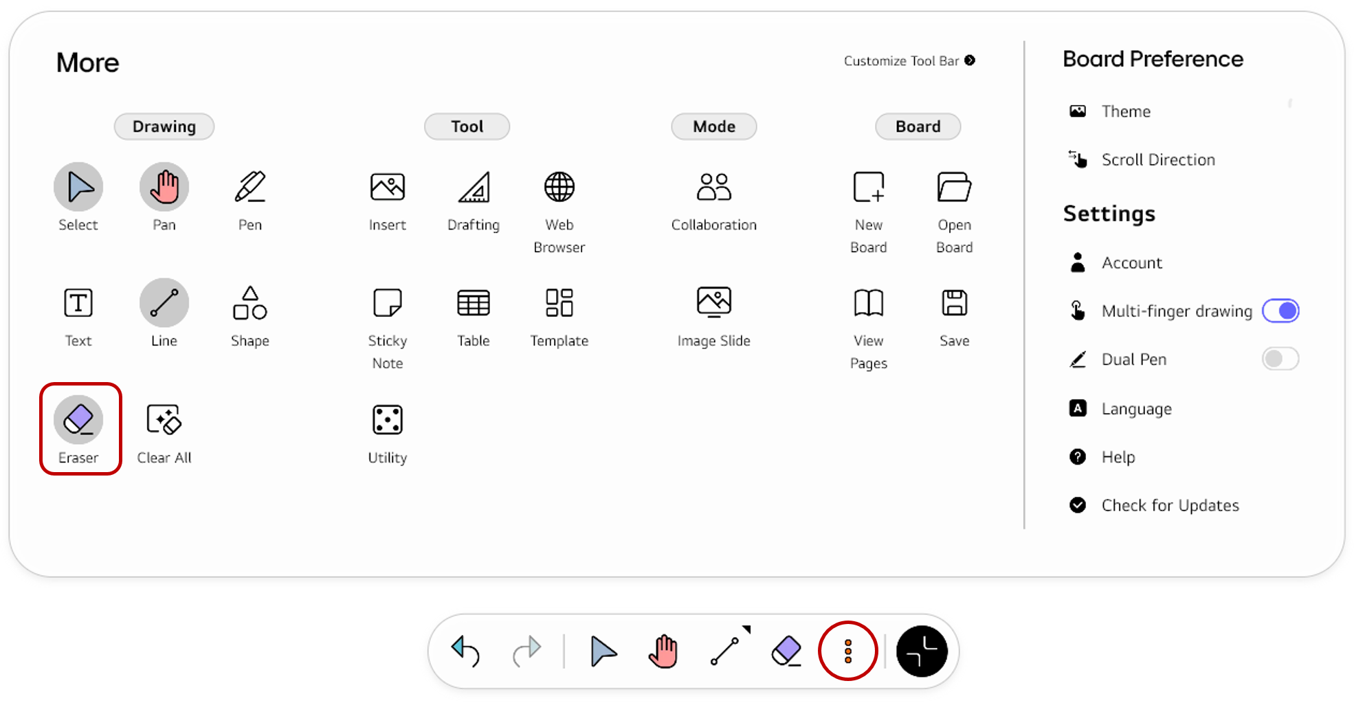 Opening the full Tool bar menu using the More button and selecting Eraser from the Drawing section