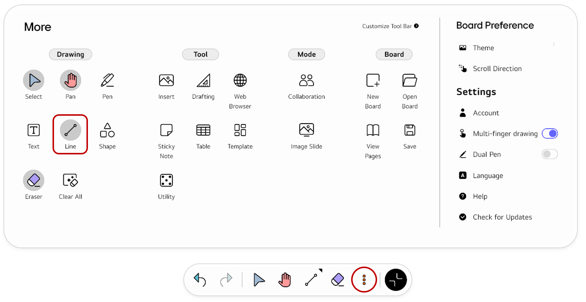 Opening the full Tool bar menu using the More button and selecting Line from the Drawing section