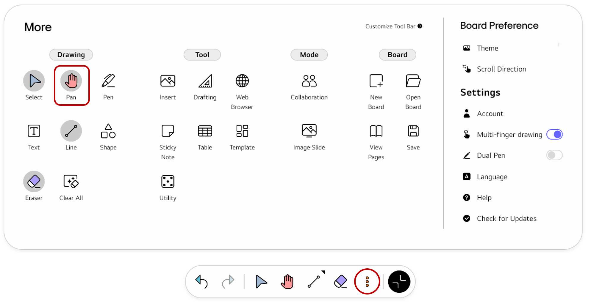 Opening the full Tool bar menu using the More button and selecting Pan from the Drawing section
