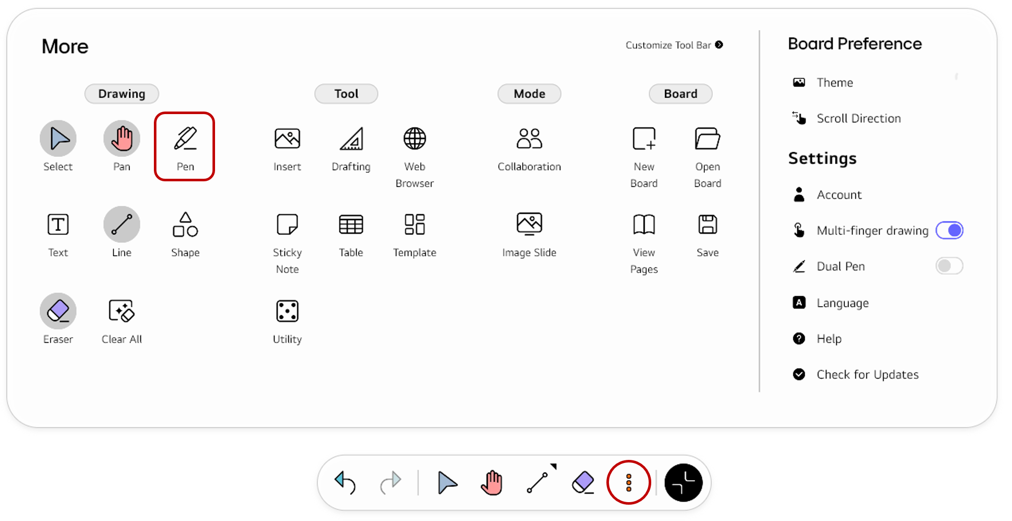 Opening the full Tool bar menu using the More button and selecting Pen from the Drawing section