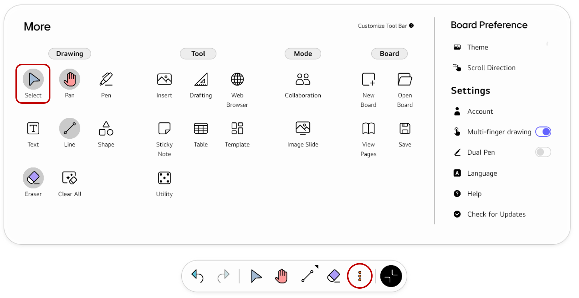 Opening the full Tool bar menu using the More button and selecting Select from the Drawing section