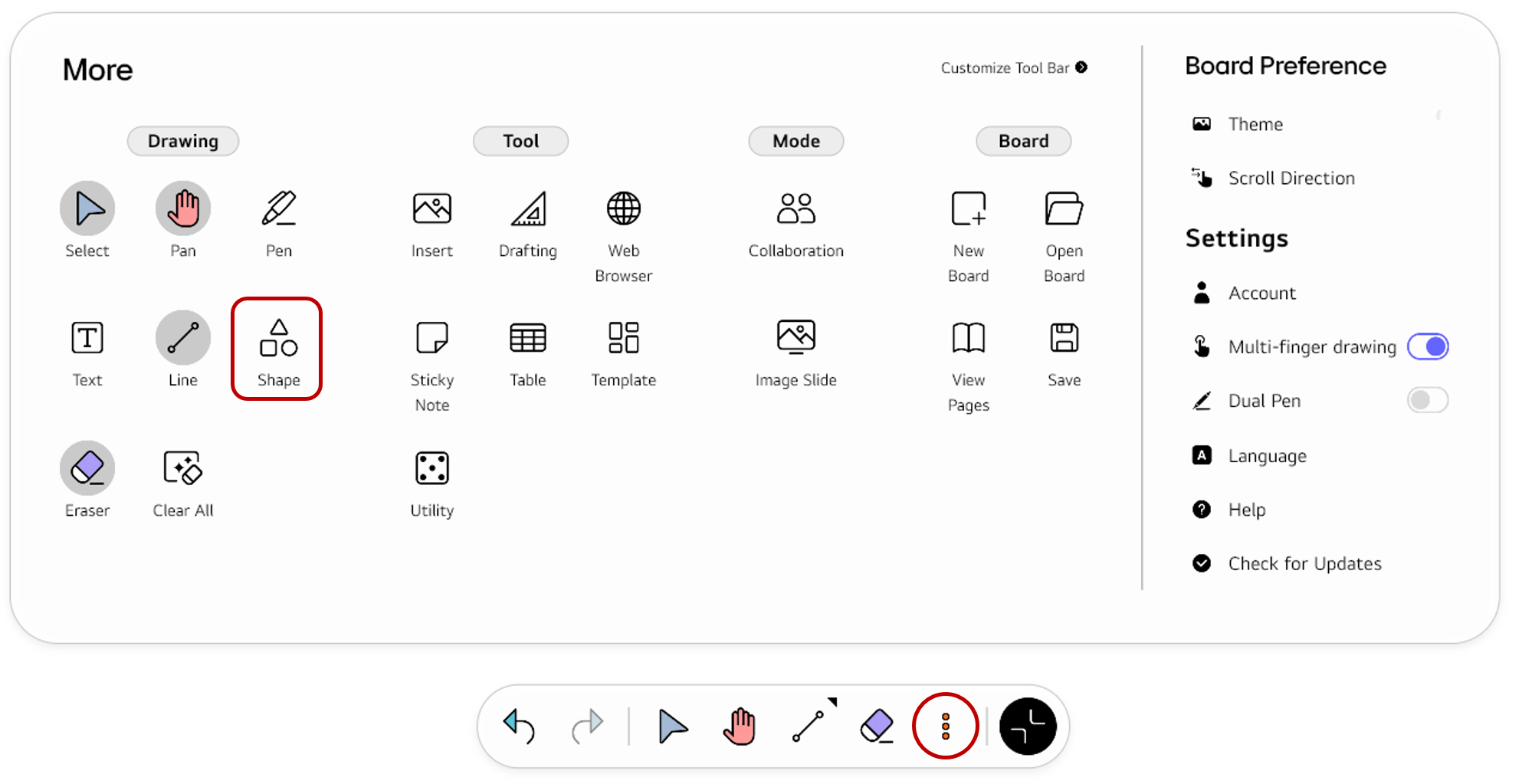 Opening the full Tool bar menu using the More button and selecting Shape from the Drawing section