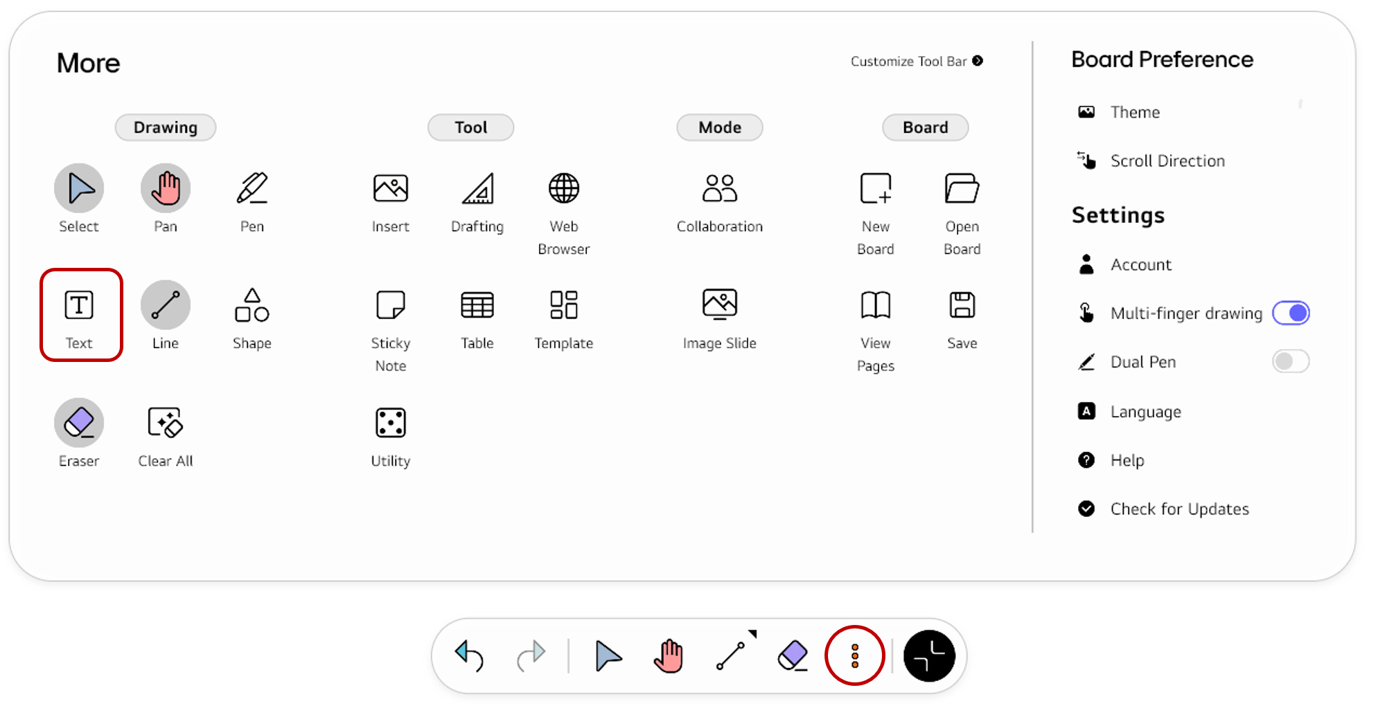Opening the full Tool bar menu using the More button and selecting Text from the Drawing section