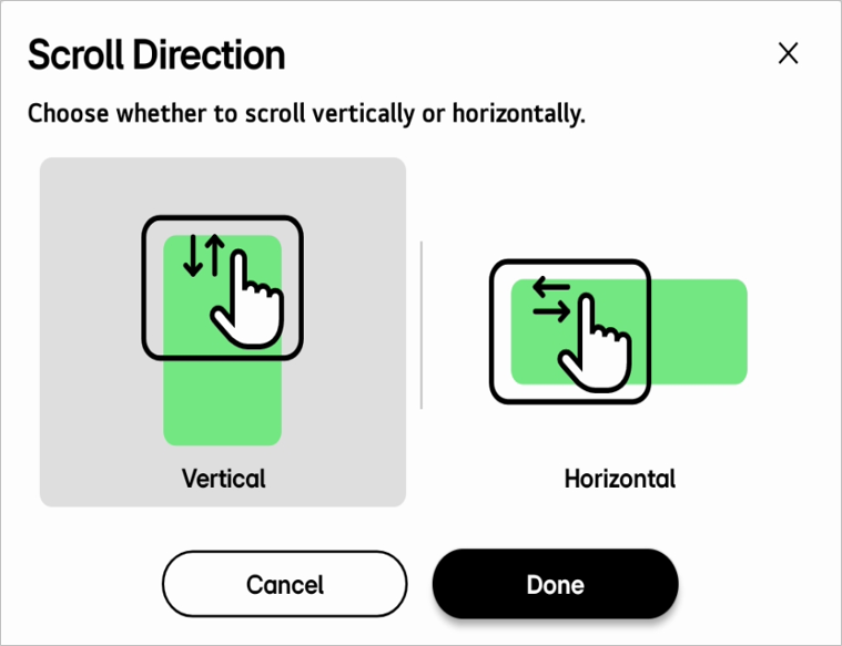 Selecting Vertical in the Scroll Direction settings