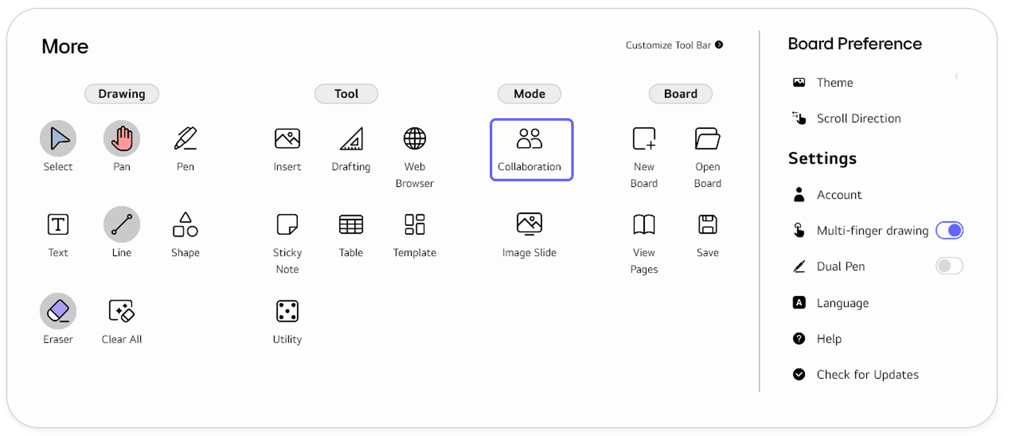 Opening the full Tool bar menu using the More button and selecting Collaboration from the Mode section