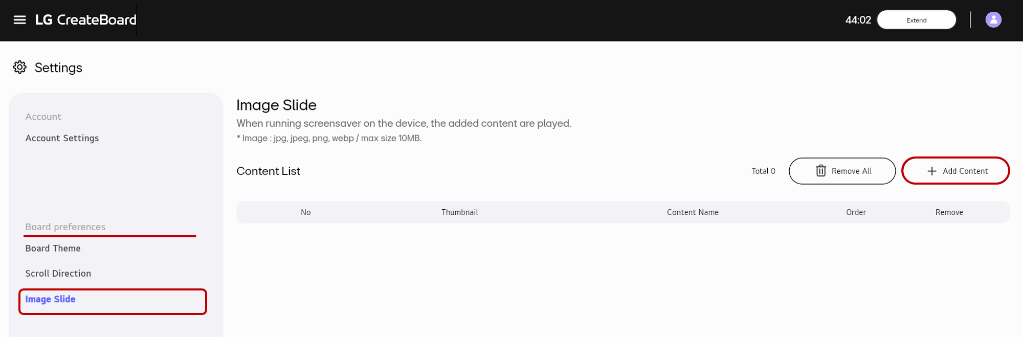 Select the Image Slide from the left side navigation and then select the Add Content