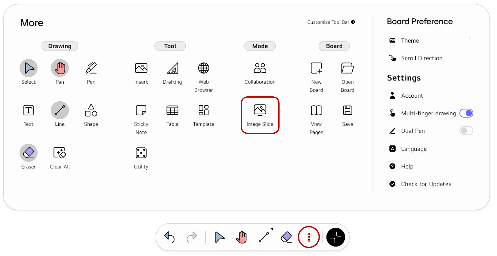 Opening the full Tool bar menu using the More button and selecting Image Slide from the Tool section