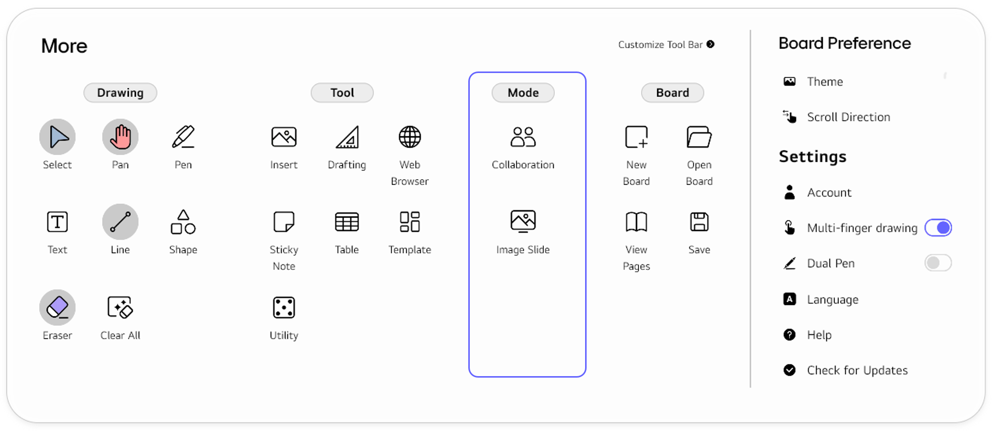 Menu structure of the Mode section