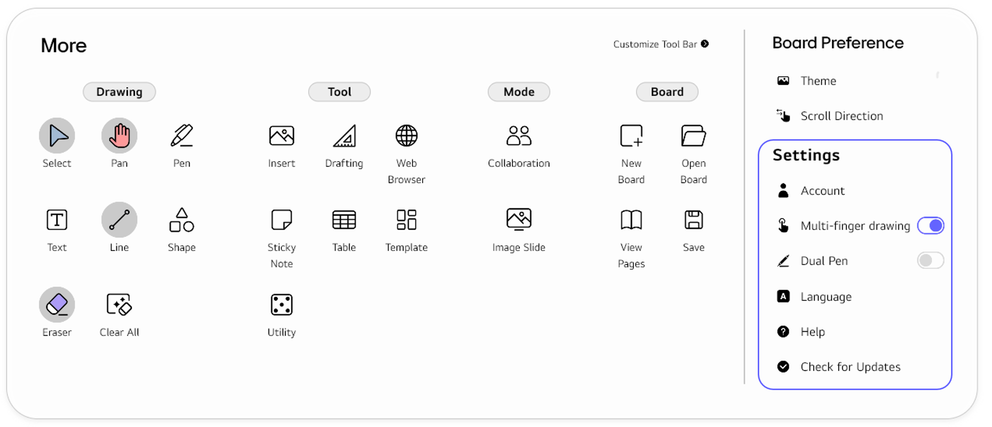 Menu structure of the Settings section
