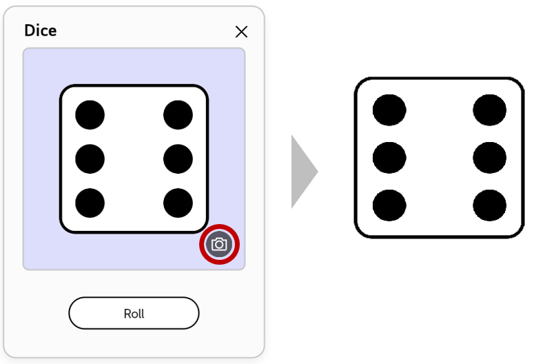 Tapping the camera button on the Dice inserts its screenshot as an image