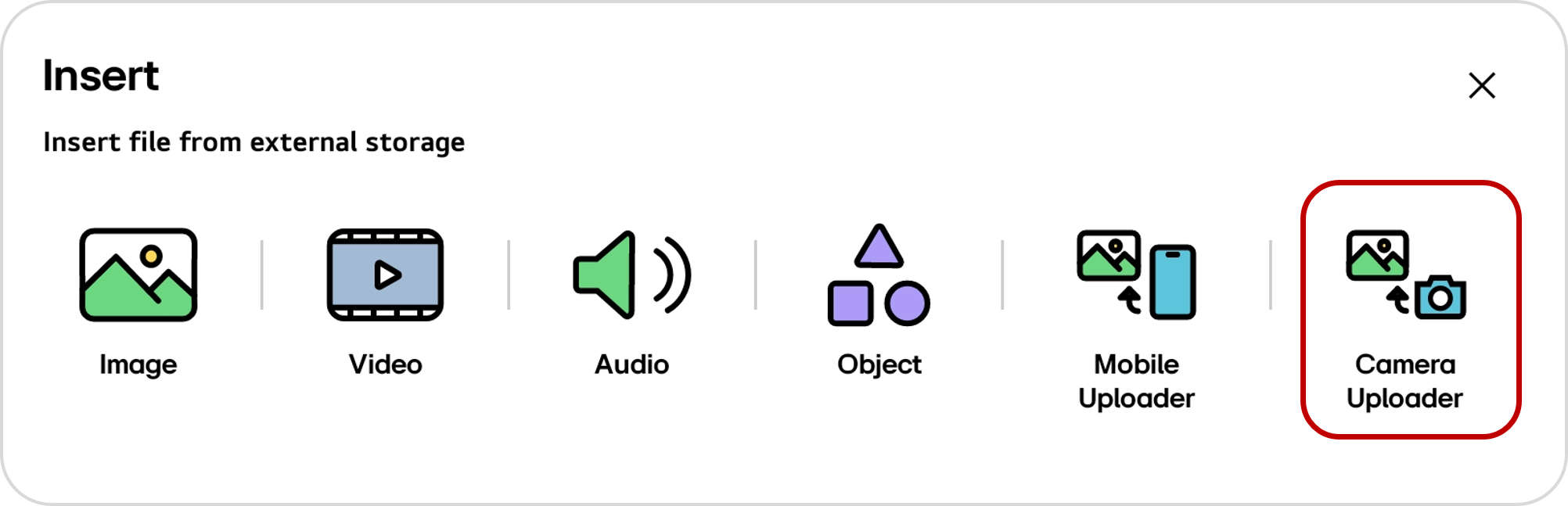 Selecting Camera Uploader from the sub-modes of Insert