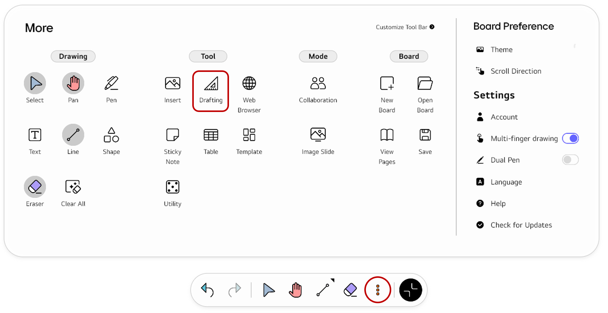 Opening the full Tool bar menu using the More button and selecting Drafting from the Tool section