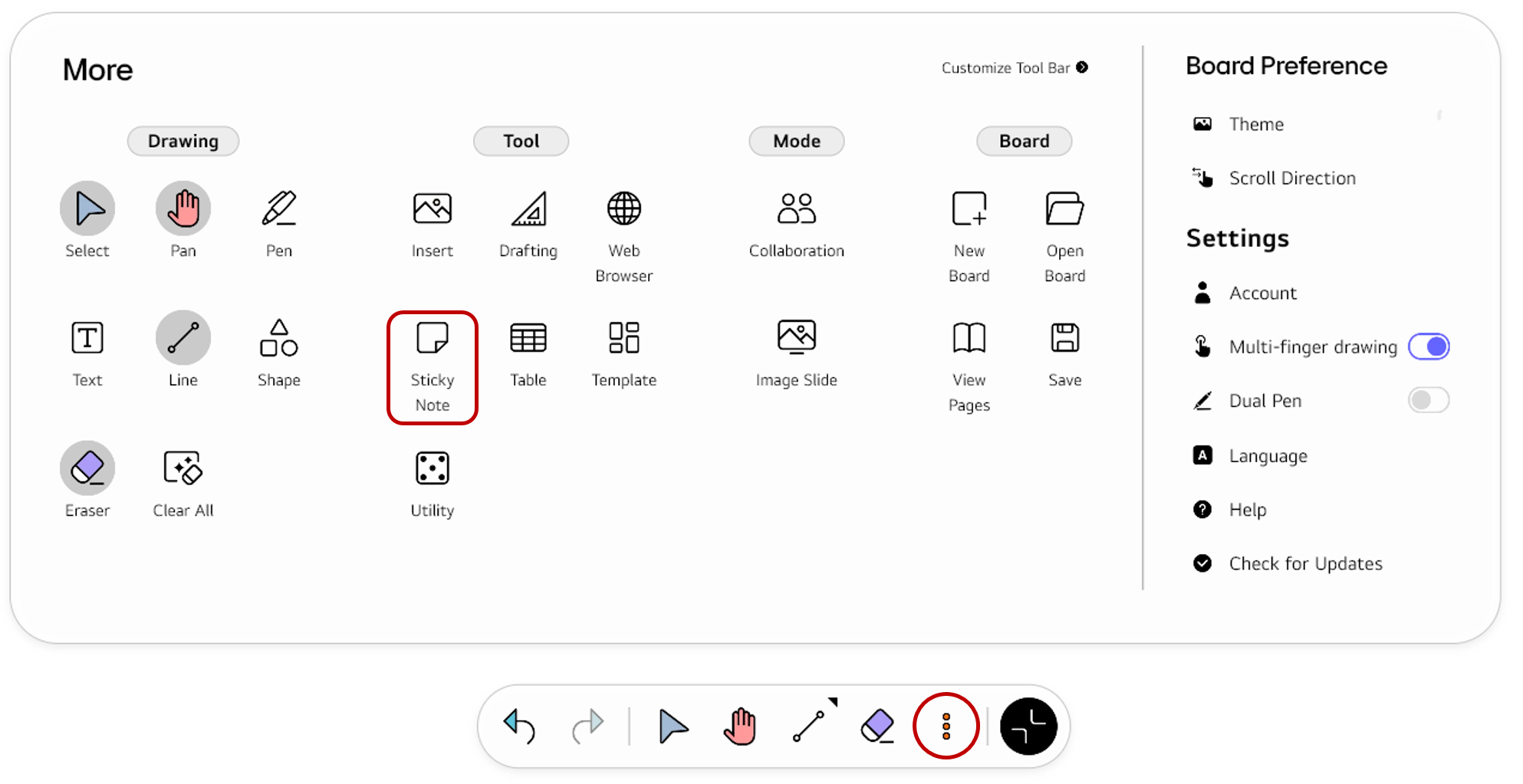 Opening the full Tool bar menu using the More button and selecting Sticky Note from the Tool section