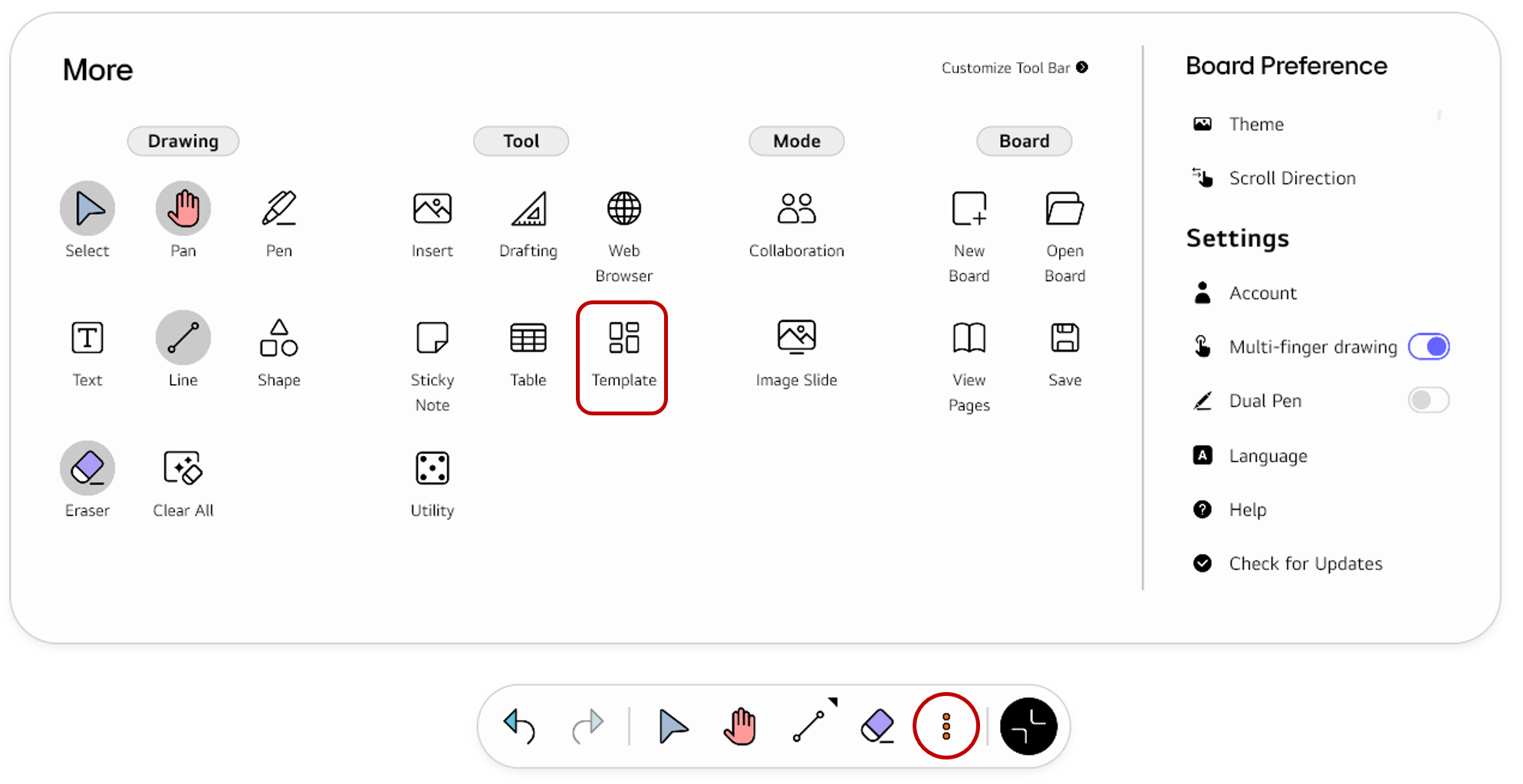 Opening the full Tool bar menu using the More button and selecting Template from the Tool section