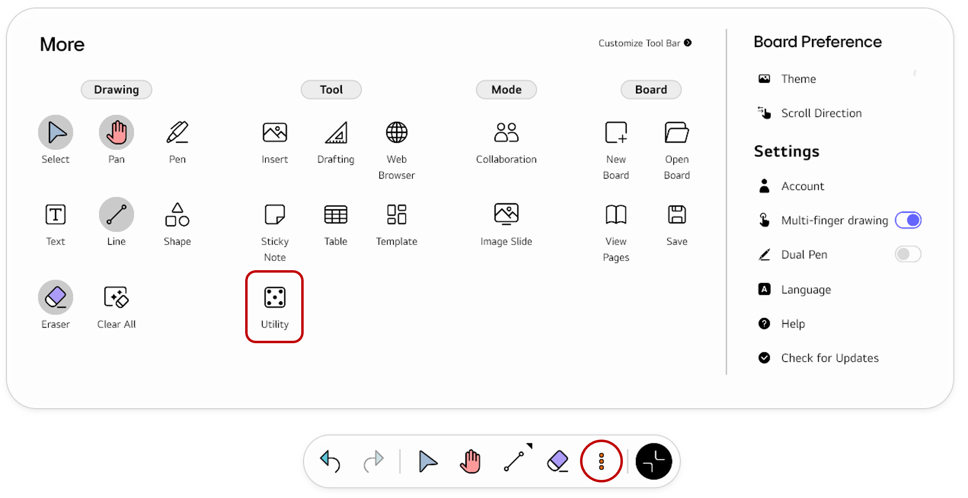 Opening the full Tool bar menu using the More button and selecting Insert from the Utility section