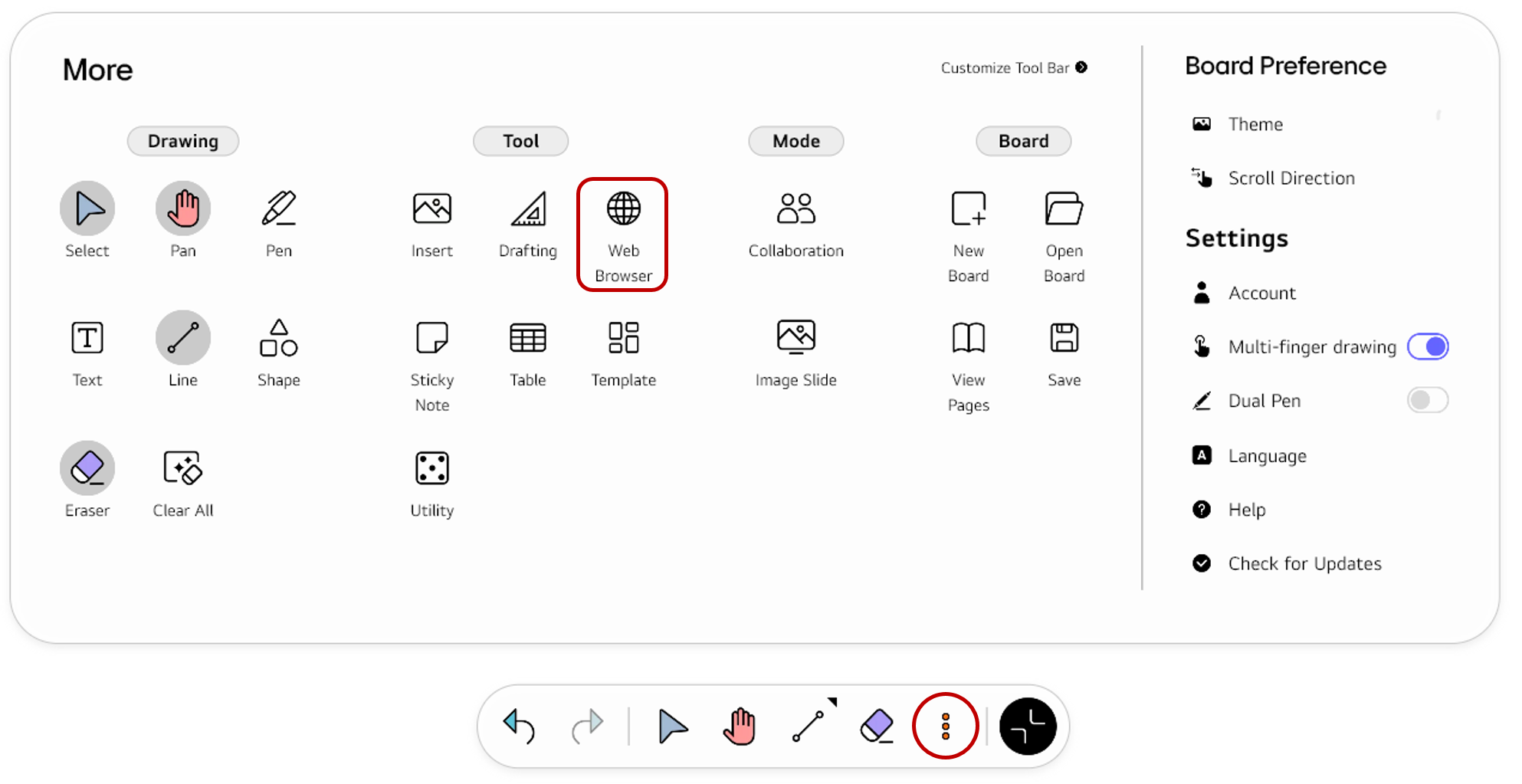 Opening the full Tool bar menu using the More button and selecting Web Browser from the Tool section