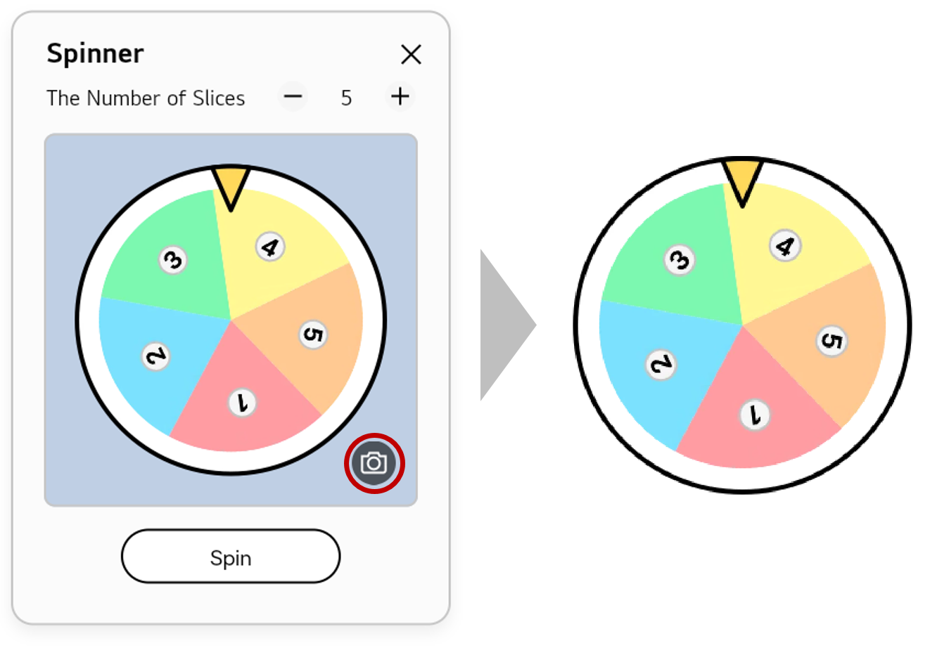Tapping the camera button on the Spinner inserts its screenshot as an image