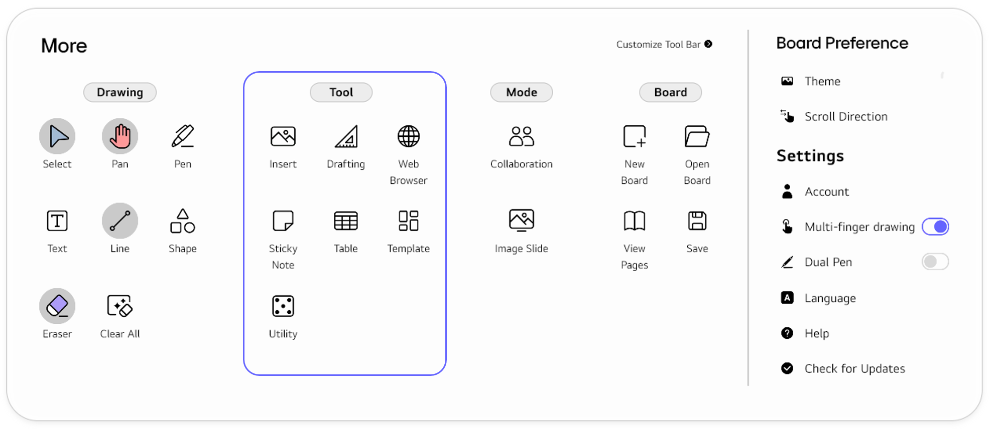Menu structure of the Tool section