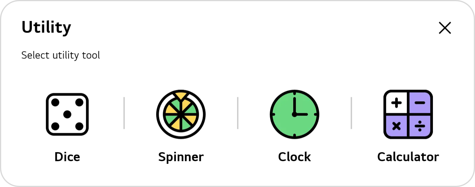 Sub-modes of Utility: Dice, Spinner, Clock, Calculator