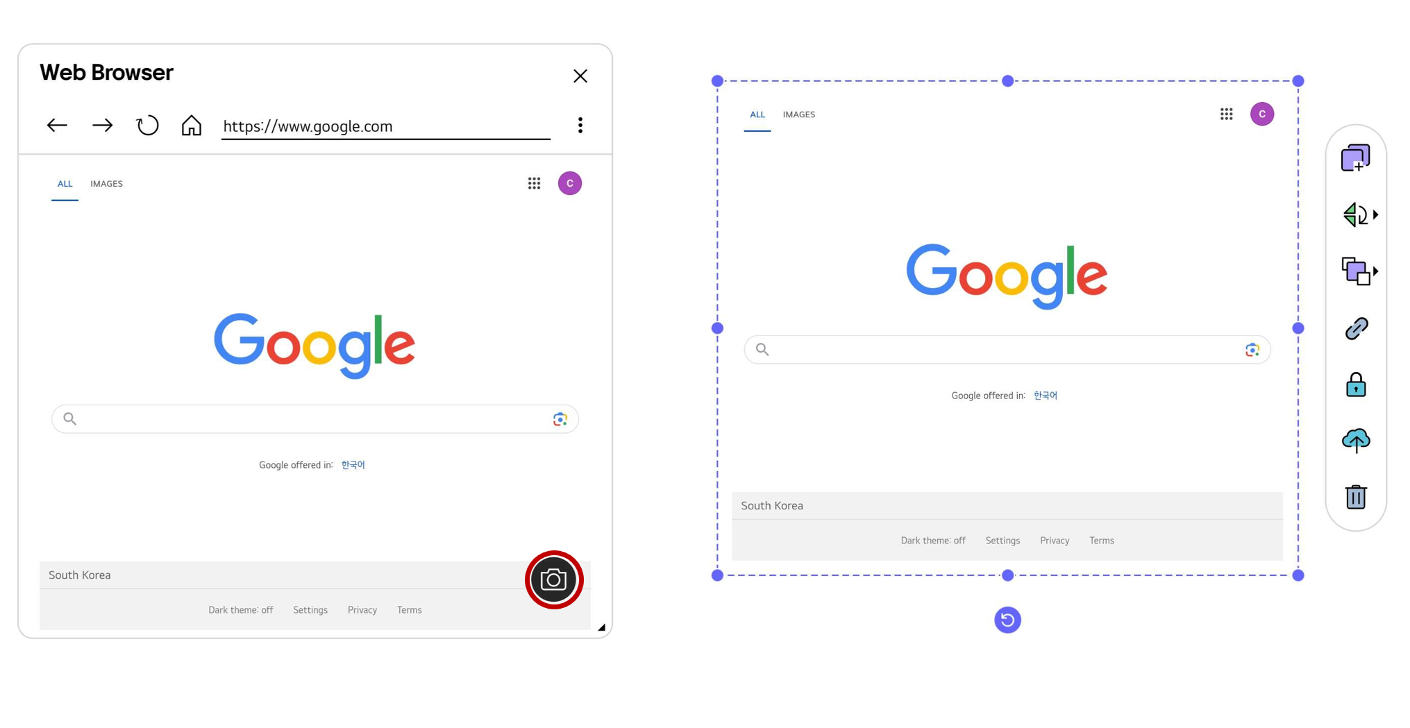 Tapping the camera button in the web browser inserts its screenshot as an image