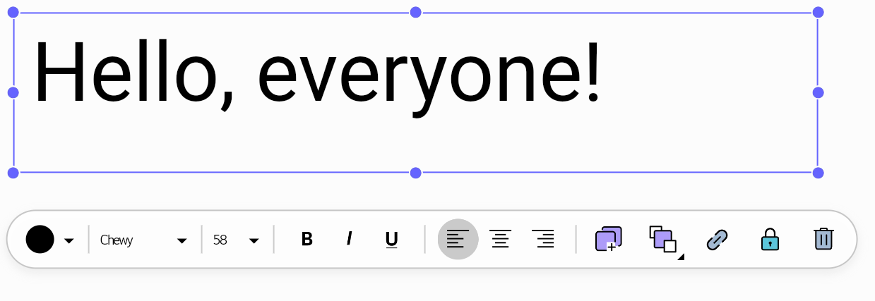 Options menu for objects created with the Text