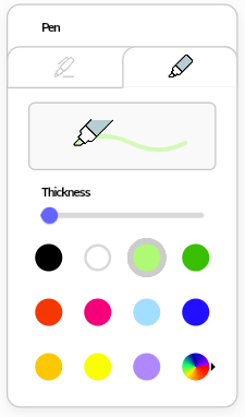To use the highlighter, select the second tab in the Pen settings and choose its thickness and color.