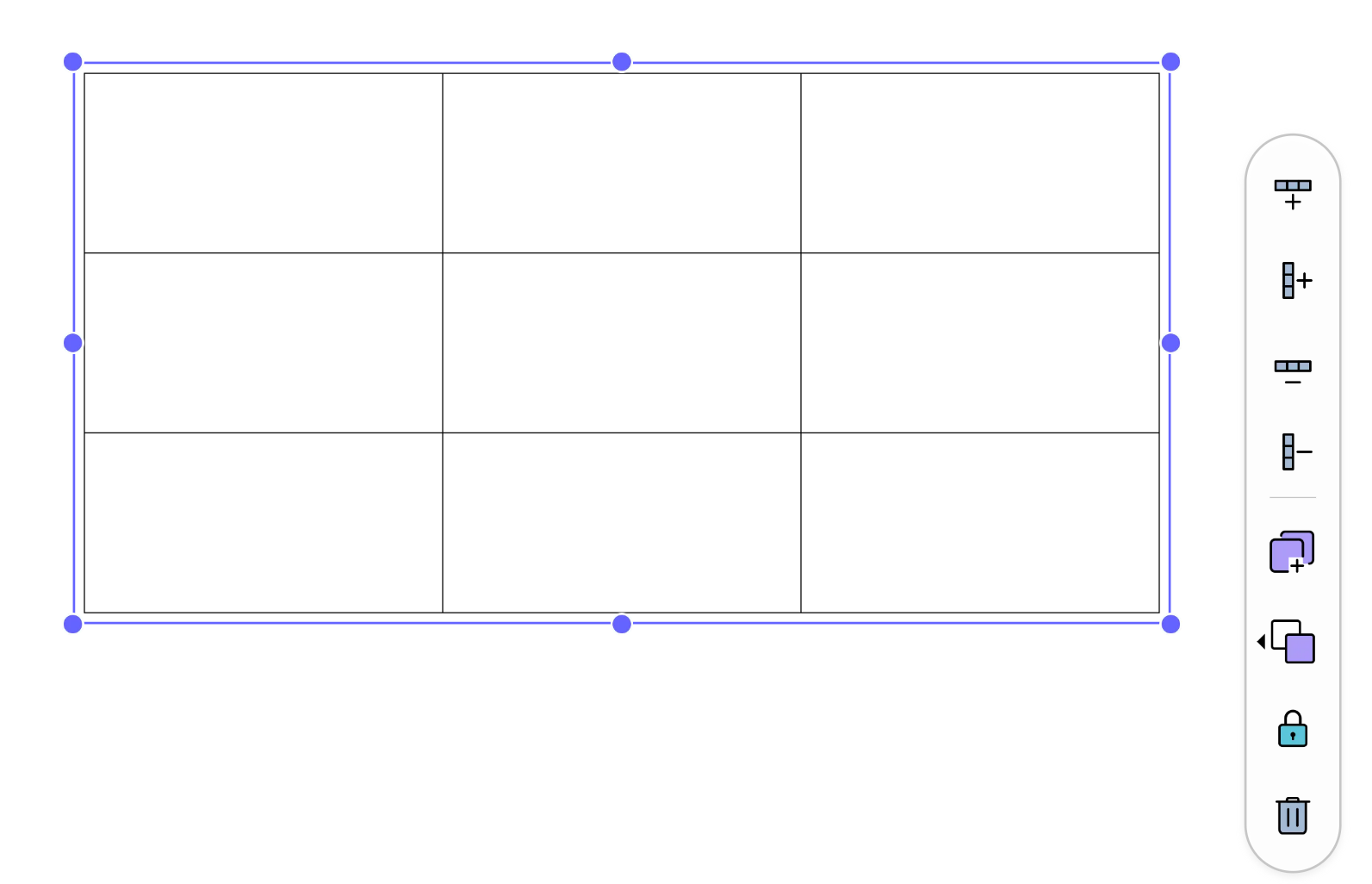 Options menu for objects created with tables