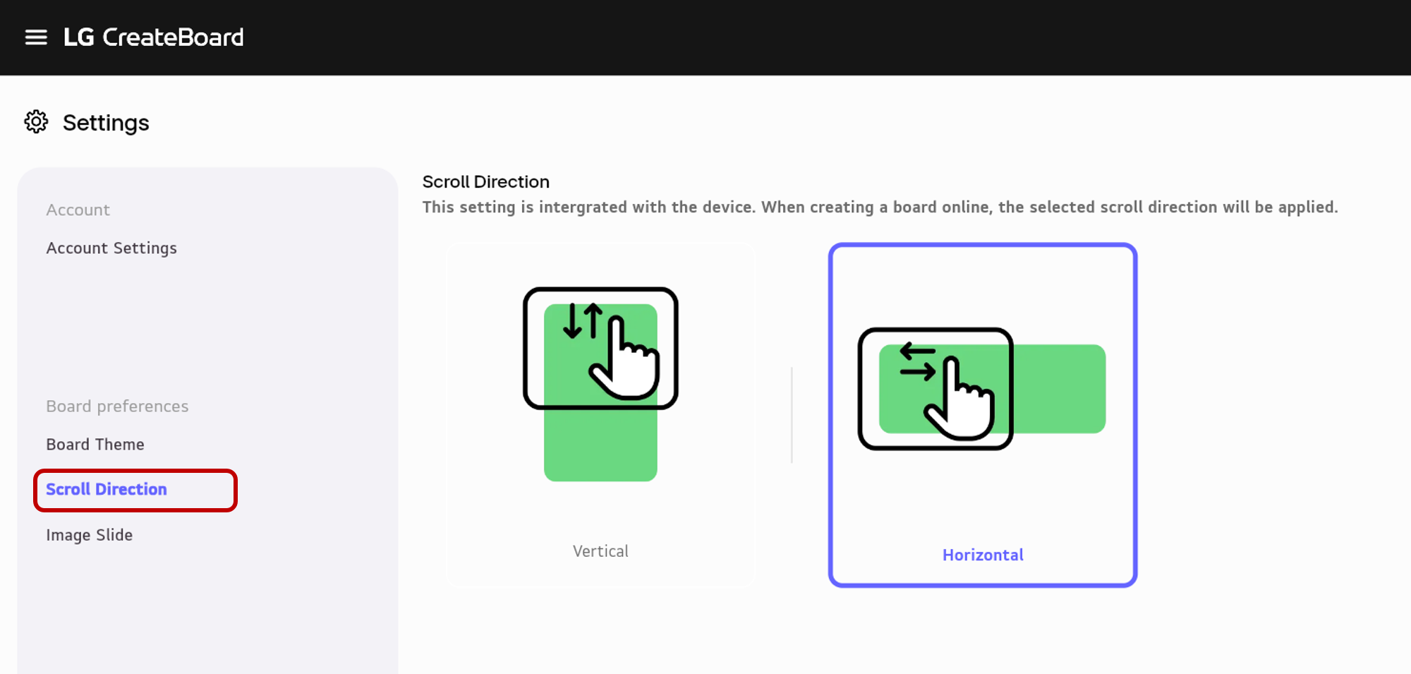 Select Scroll Direction from the left sidebar and choose Horizontal.
